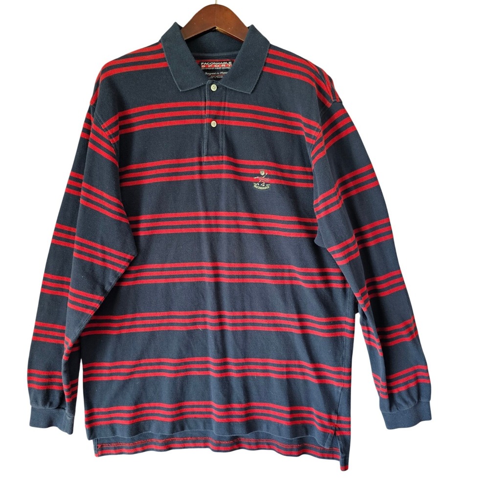 Faconnable Sport Mens XL Long Sleeve Polo Shirt Navy Blue Red Striped Cotton